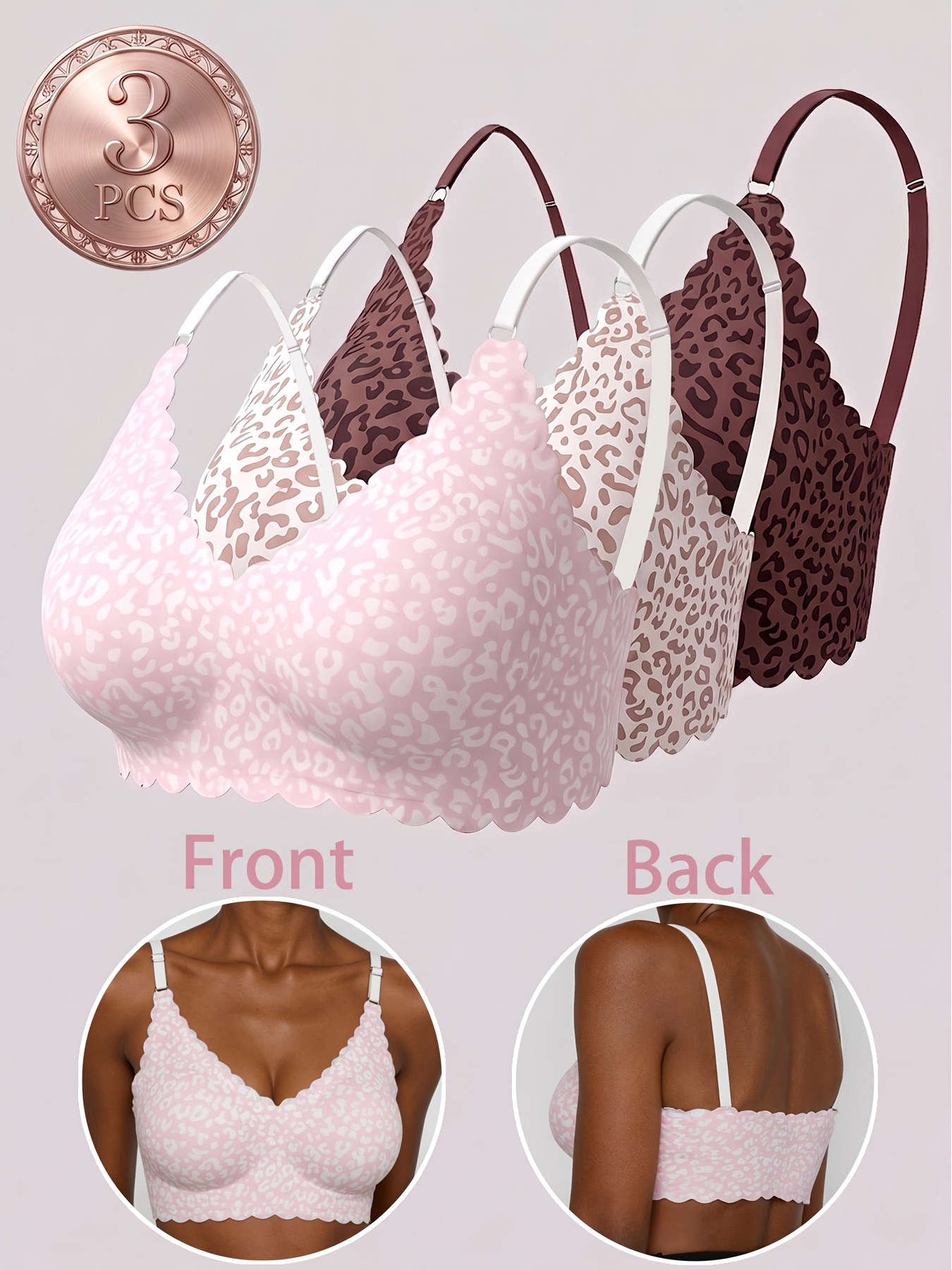 3pcs Women's Leopard Print Wireless Bra Set, Comfortable Style